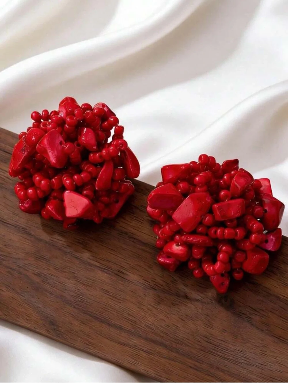 Red Cluster Bead Statement Earrings - Women Jewelry
